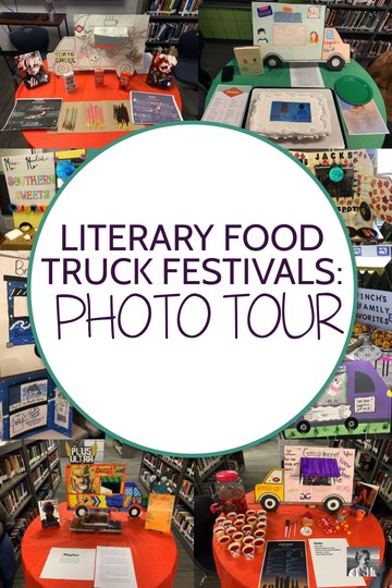 A banner showcasing "Food Trucks" with student-created designs, highlighting the literary food truck festival concept.