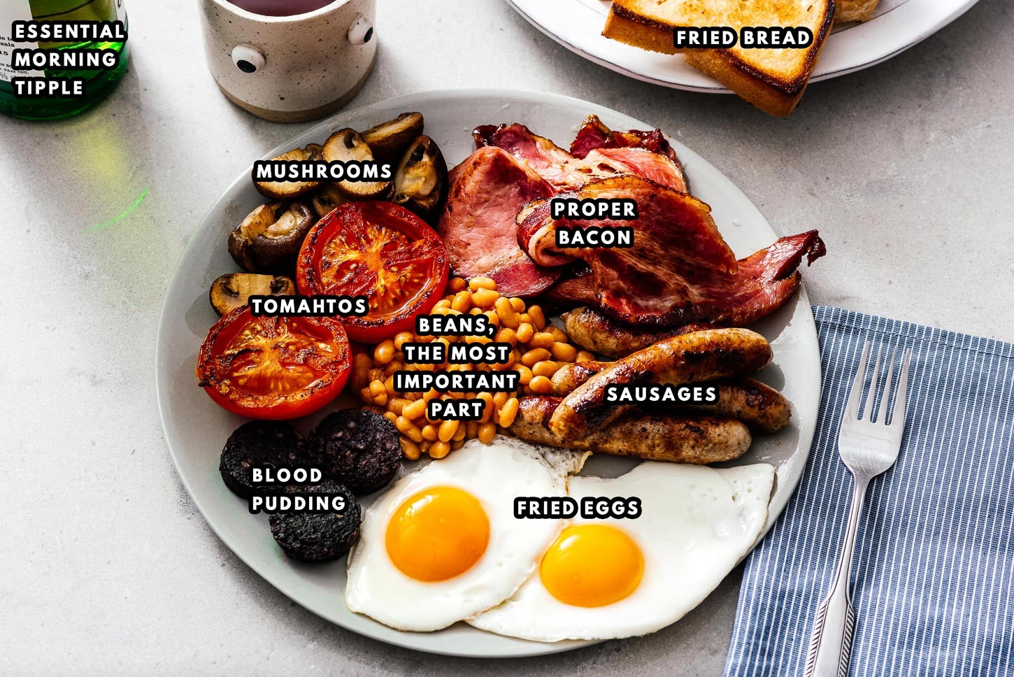 A classic full English breakfast with all the essential components.