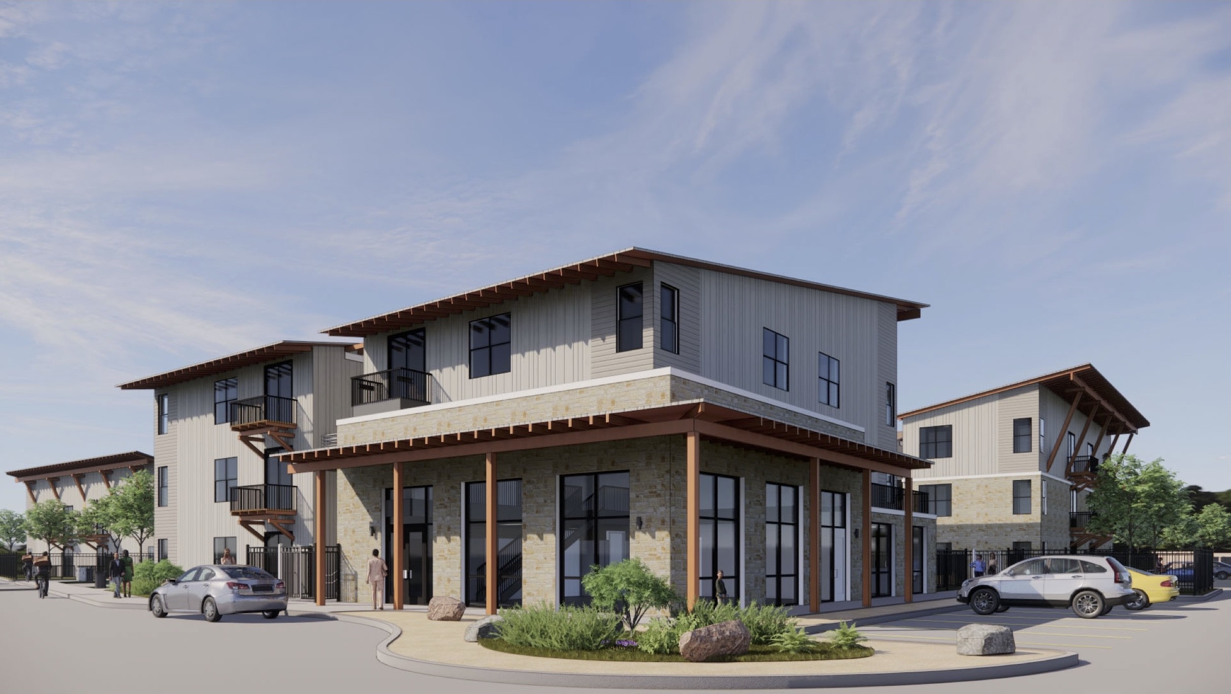 A graphic rendering shows the finished Apple Seed Apartments to be managed by the New Braunfels Food Bank.