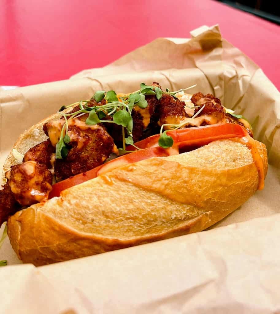 A massive Diablo Po'Boy sandwich with crispy shrimp and spicy Mexican butter sauce, a new food item at Angels Stadium section 207.