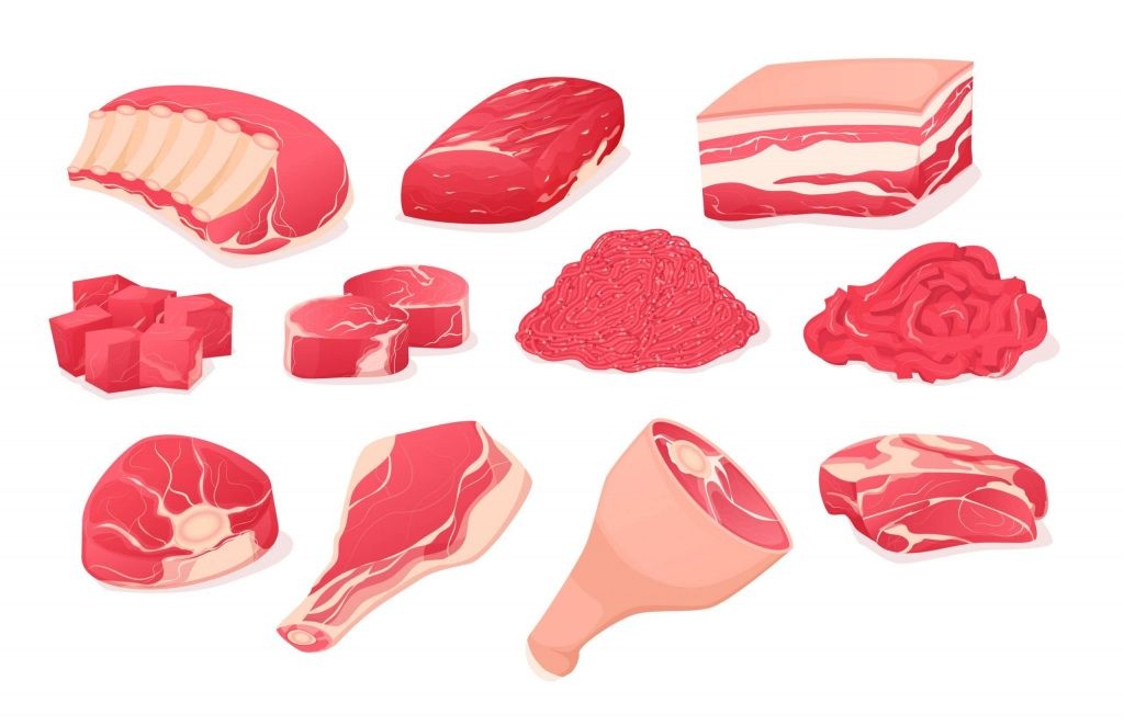 A selection of raw meat pieces, including pork and beef, presented as assorted slices, ideal for illustrating different meat types.