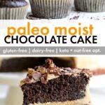 A slice of Paleo Chocolate Cake, showcasing its moist texture and rich chocolate color.