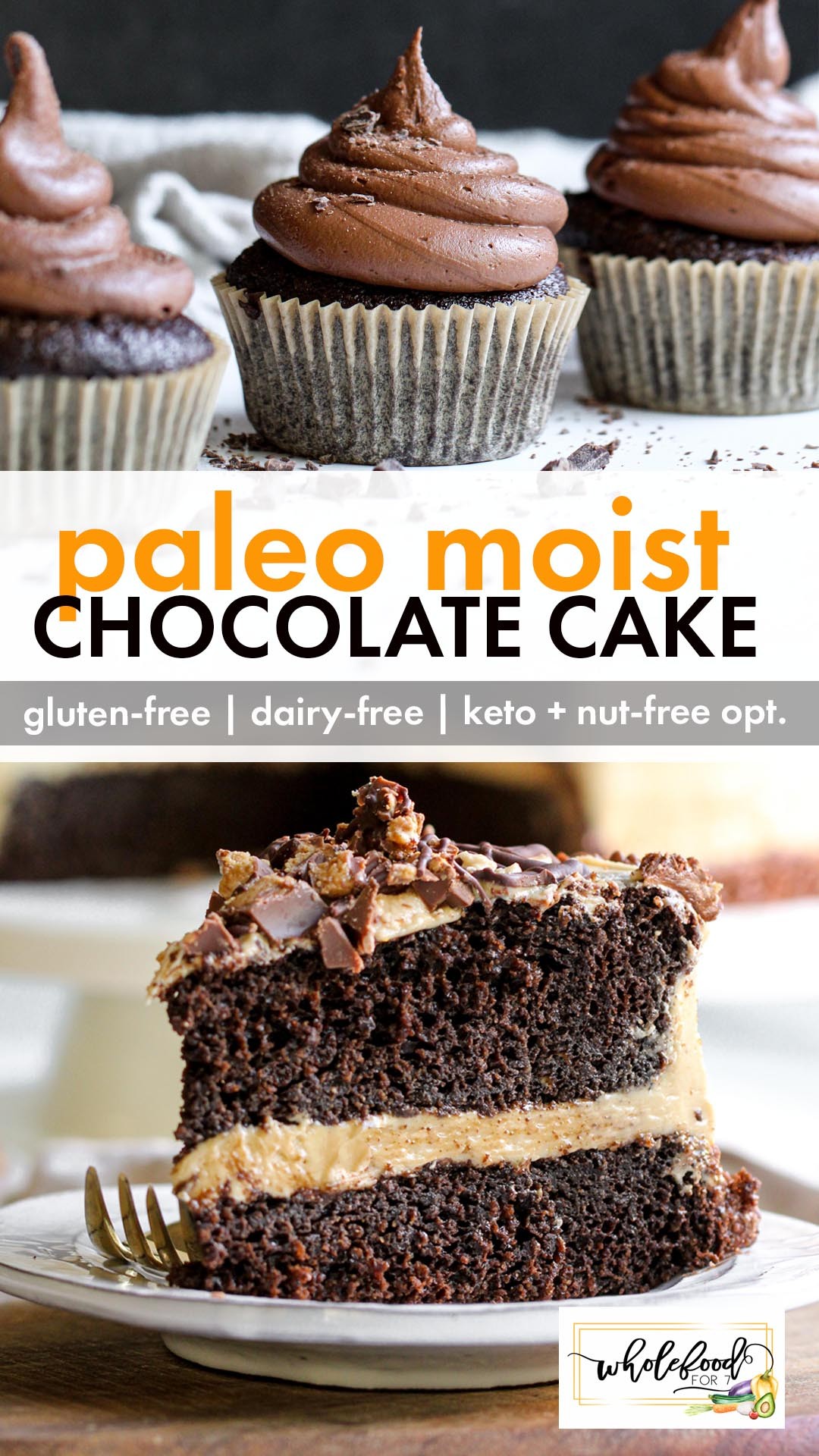 A slice of Paleo Chocolate Cake, showcasing its moist texture and rich chocolate color.