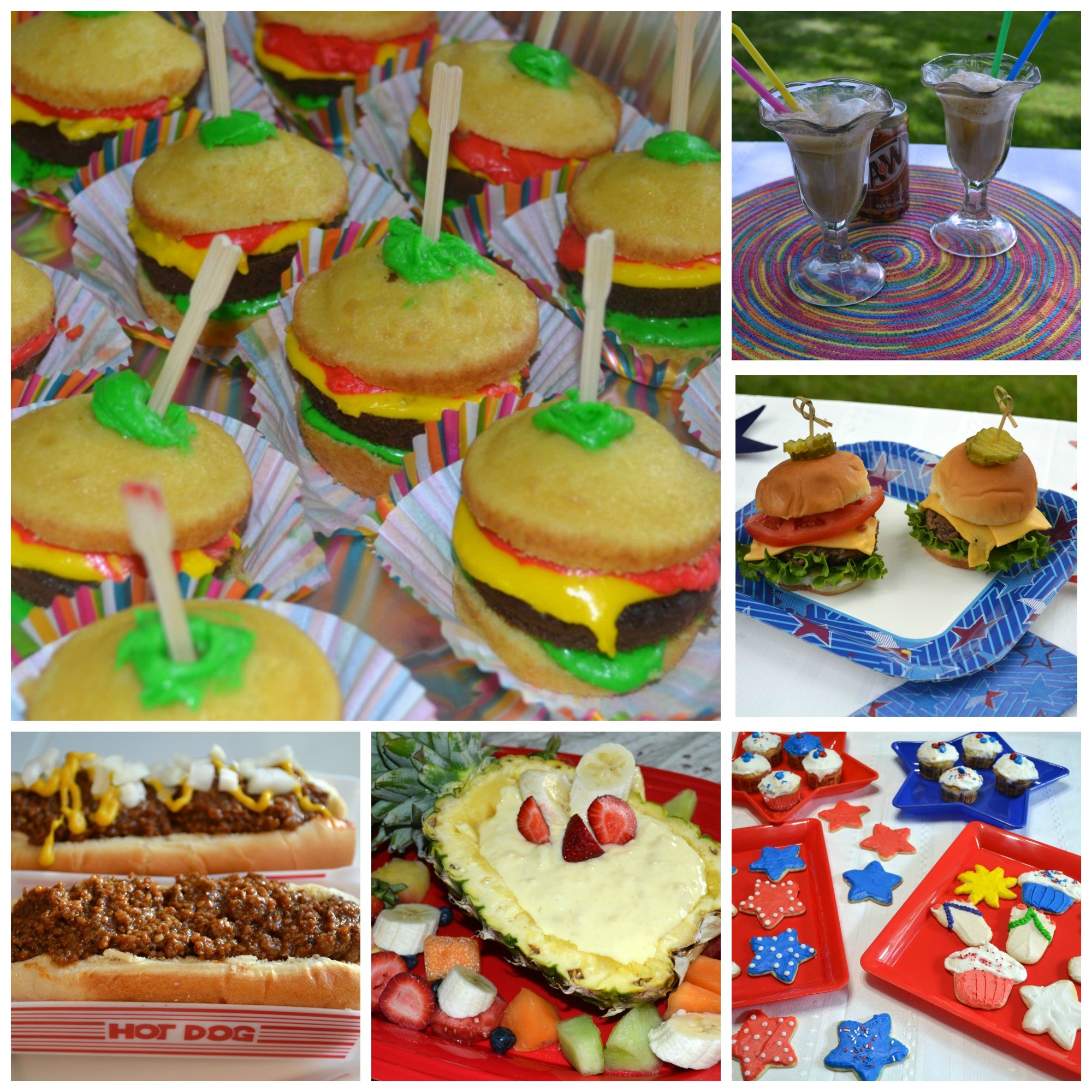 A vibrant and playful collection of cookout foods that kids love to eat, featuring mini burgers, colorful skewers, and fun snacks, perfect for summer gatherings.