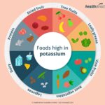 A vibrant assortment of potassium-rich foods including apricots, bananas, spinach, tomatoes, potatoes, beans, milk, yogurt, meat and fish, illustrating diverse dietary sources of potassium.