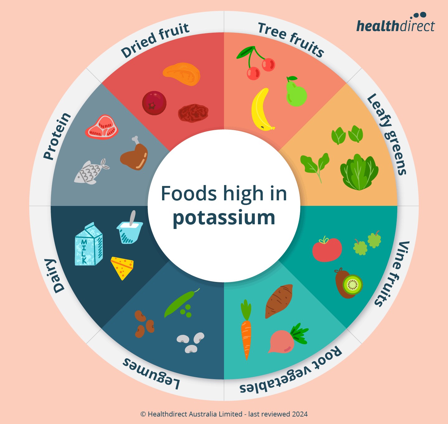 A vibrant assortment of potassium-rich foods including apricots, bananas, spinach, tomatoes, potatoes, beans, milk, yogurt, meat and fish, illustrating diverse dietary sources of potassium.