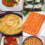 A vibrant collage showcasing a variety of Albanian dishes, including bean soup, spinach casserole, phyllo pie, traditional cake, marinated red peppers, and baklava, representing the diverse and rich culinary heritage of Albania.