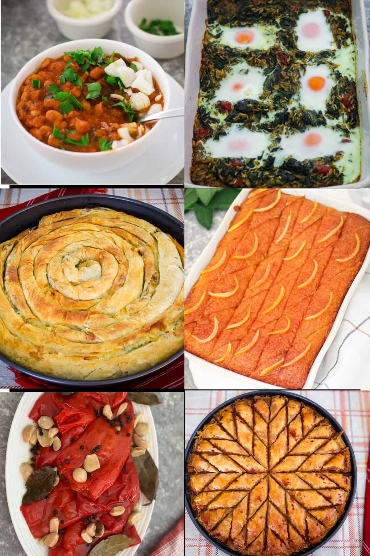 A vibrant collage showcasing a variety of Albanian dishes, including bean soup, spinach casserole, phyllo pie, traditional cake, marinated red peppers, and baklava, representing the diverse and rich culinary heritage of Albania.