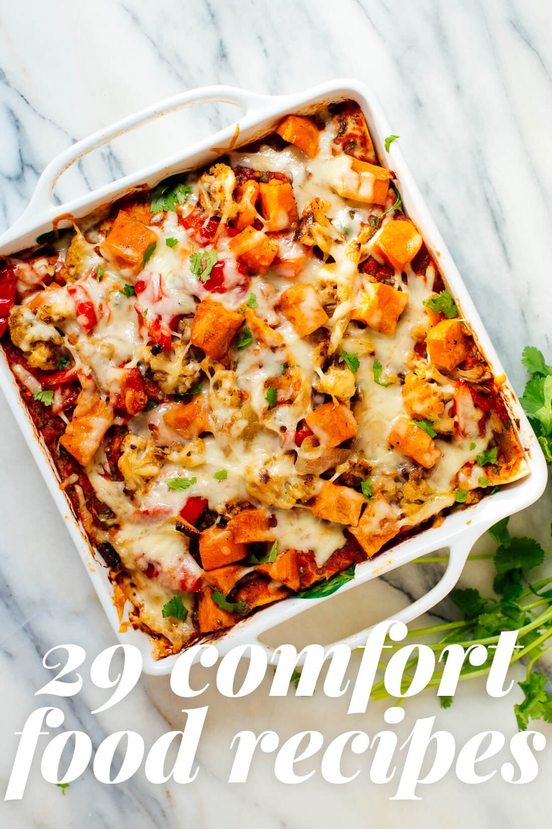 A vibrant display of 29 healthy comfort food recipes, showcasing a colorful and appetizing collection of vegetarian dishes.