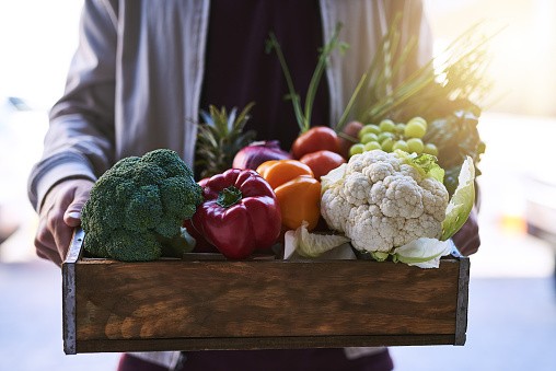 A vibrant display of fresh, low-carb fruits and vegetables in a crate, highlighting the colorful and healthy produce allowed on the Atkins diet.