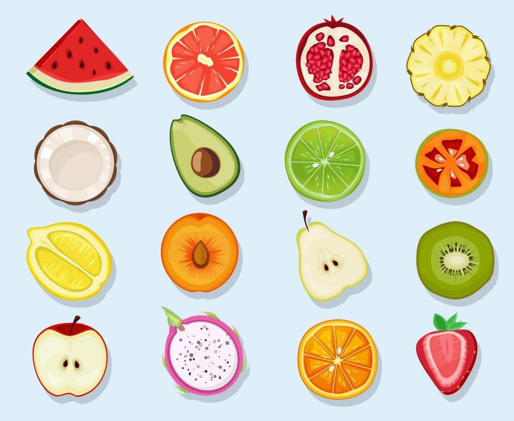 A visually appealing circular arrangement of halved fruits, including oranges, lemons, and apples, representing healthy and natural food choices.