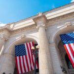 American Flags Hanging at Union Station in Washington DC, USA