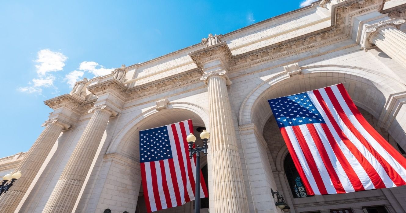 American Flags Hanging at Union Station in Washington DC, USA