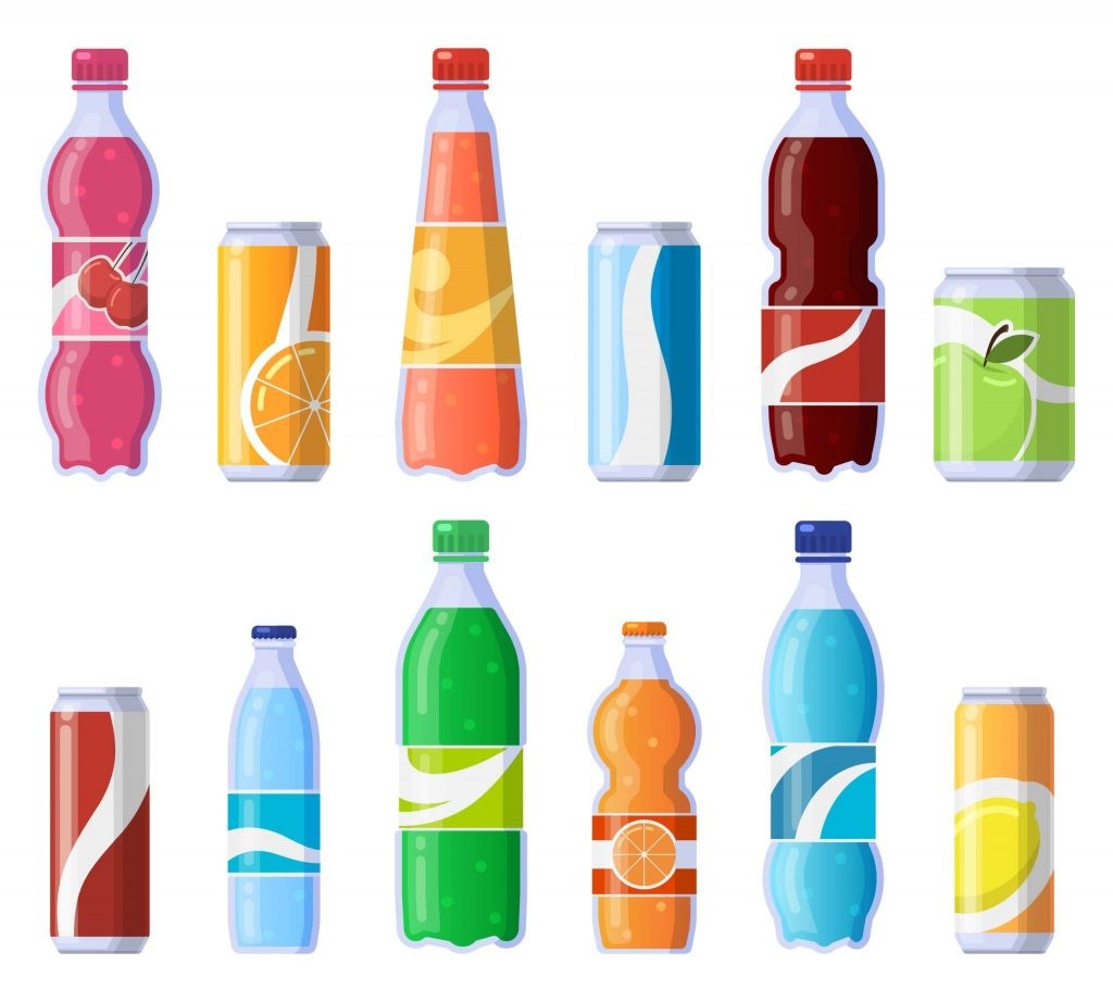 An assortment of soft drink cans and bottles, including soda and juice, depicted in a modern, flat vector style.