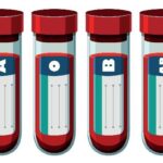 An illustration of four vials of blood with the blood type written on the outside, representing different blood types for diet considerations.