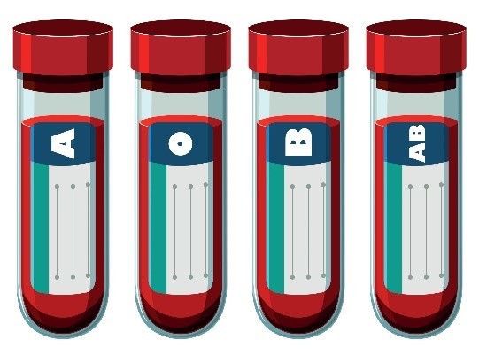 An illustration of four vials of blood with the blood type written on the outside, representing different blood types for diet considerations.