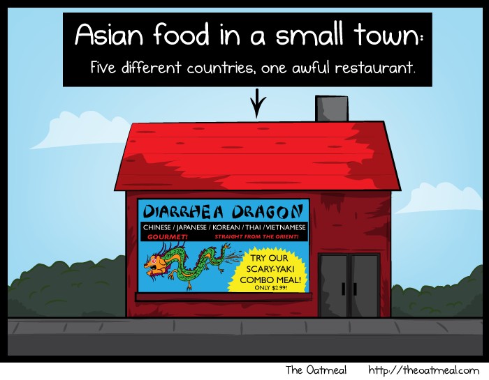 An Oatmeal comic illustrating the pitfalls of restaurants with overly extensive menus, humorously cautioning against places that try to offer too many cuisines.