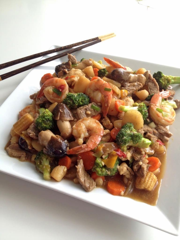 Assortment of colorful ingredients prepped for Happy Family Stir-Fry