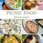 Assortment of picnic food laid out on a blanket in a park