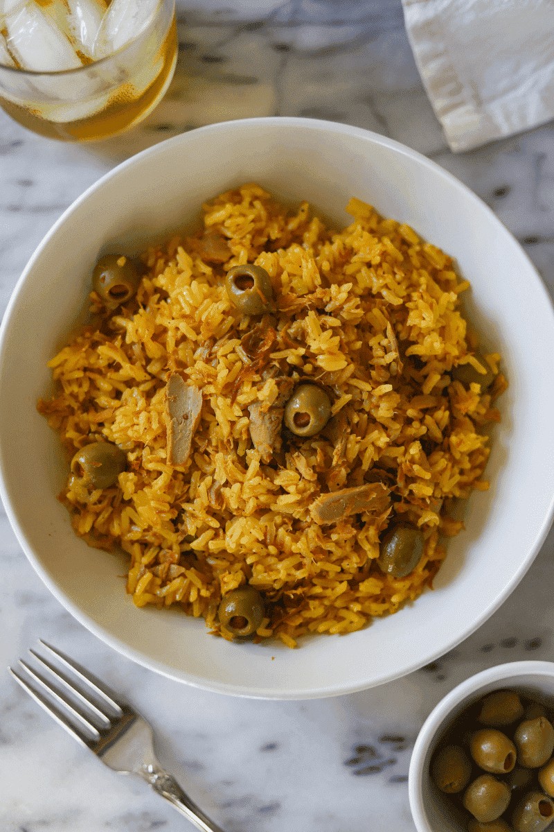 Bowl of arroz c'atum, a modest yet popular Cape Verde food dish of rice with tuna