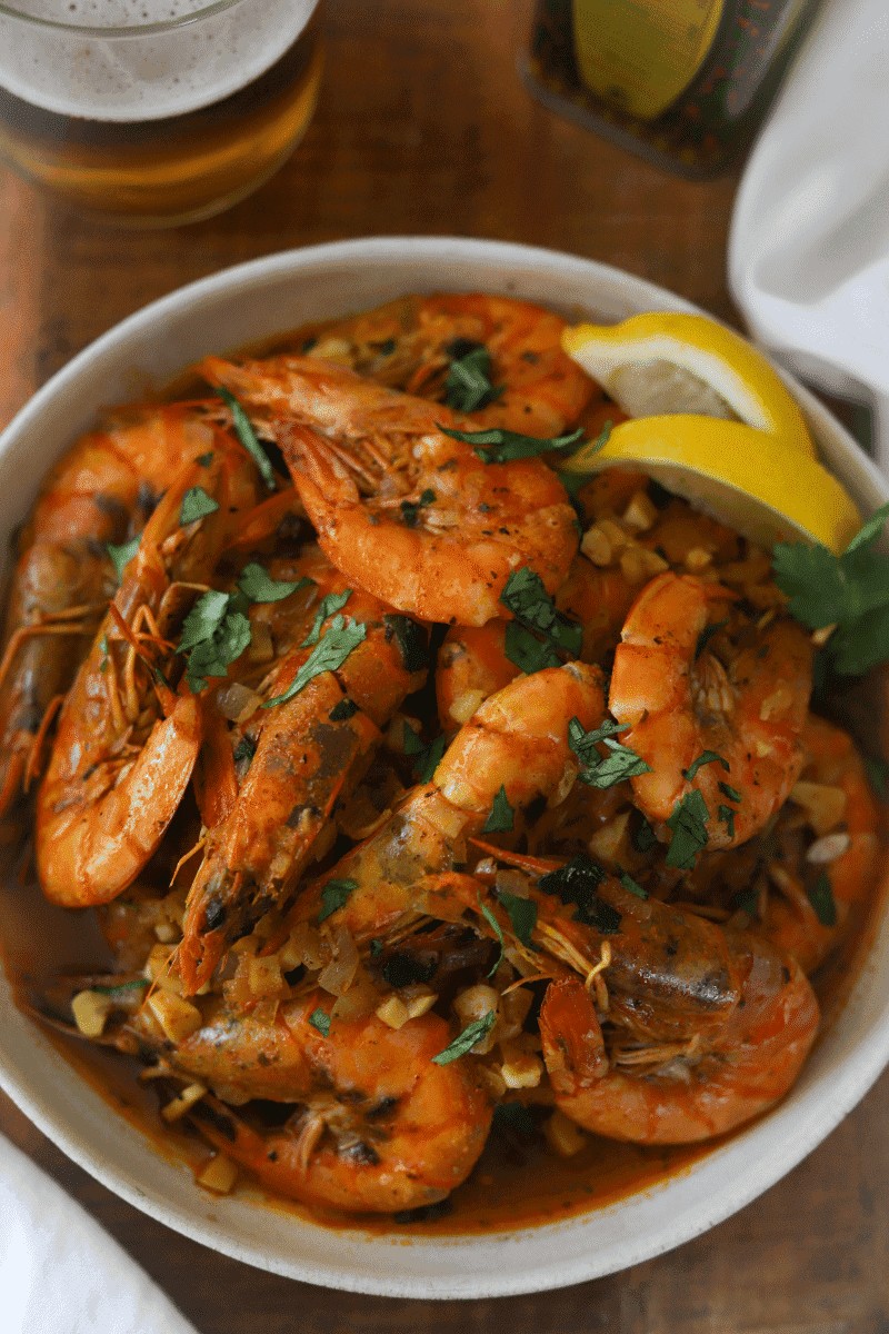 Bowl of camarão Mozambique, a flavorful Cape Verde food shrimp dish