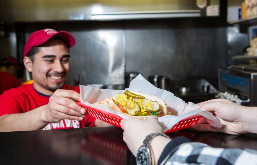 Chicago style hotdog at Downtown Dogs, a popular food place in downtown Chicago