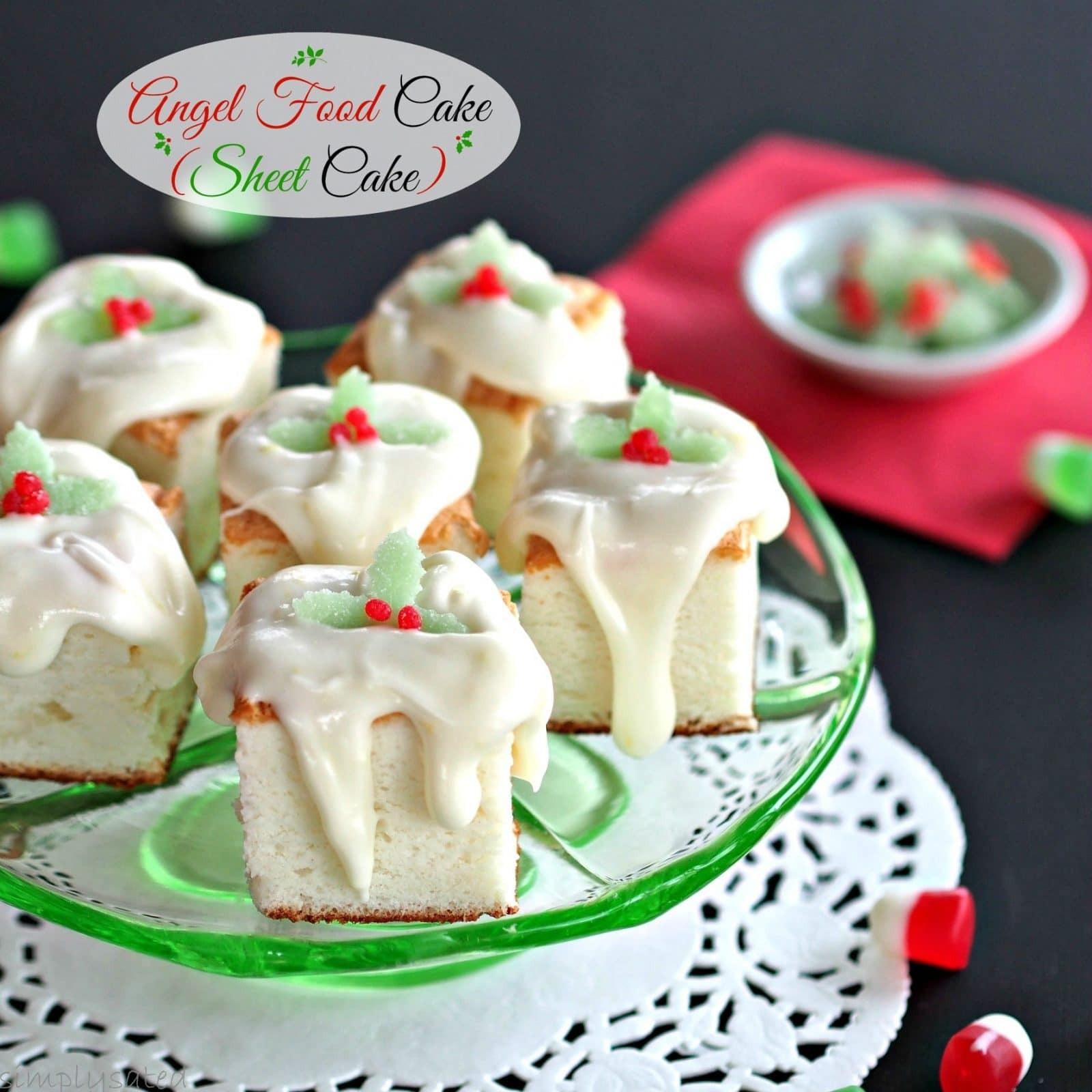 Close-up of Angel Food Sheet Cake with Lemon Glaze, showcasing its light and airy texture.