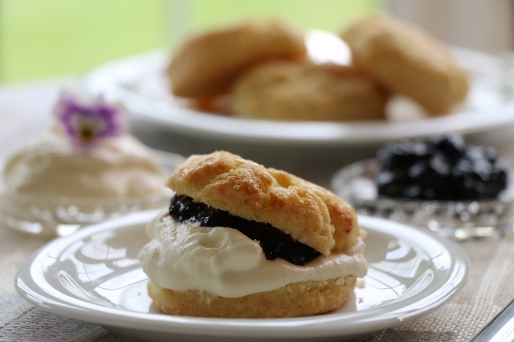 Close-up of blackcurrant jam and scones, essential tea party food