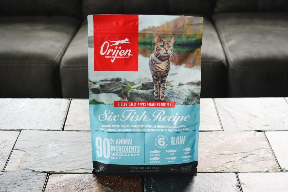 Close-up of Orijen Six Fish Recipe Dry Cat Food kibble, showing texture and ingredients