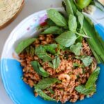 Close-up of vibrant Thai Larb dish, garnished with fresh herbs, showcasing its appetizing texture and color