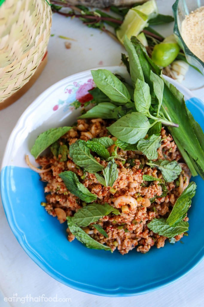 Close-up of vibrant Thai Larb dish, garnished with fresh herbs, showcasing its appetizing texture and color