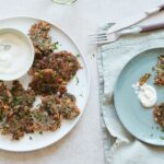 Close-up of Za'atar and herb latkes stacked on top of each other