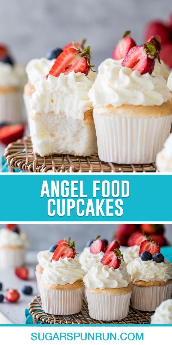 collage of angel food cupcakes, top image is a close up of two cupcakes, one with bite taken out, bottom image of cupcakes on gold wire rack nicely placed