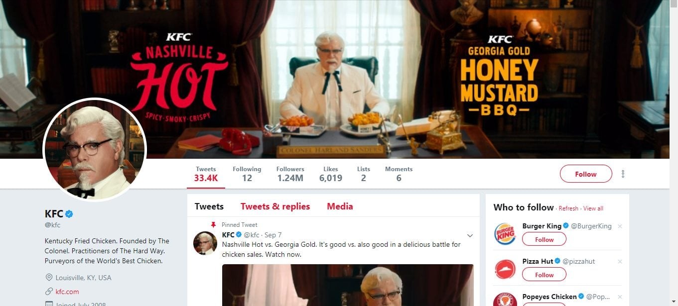 Colonel Sanders portrayed in a humorous and unexpected setting for a KFC food advertisement.