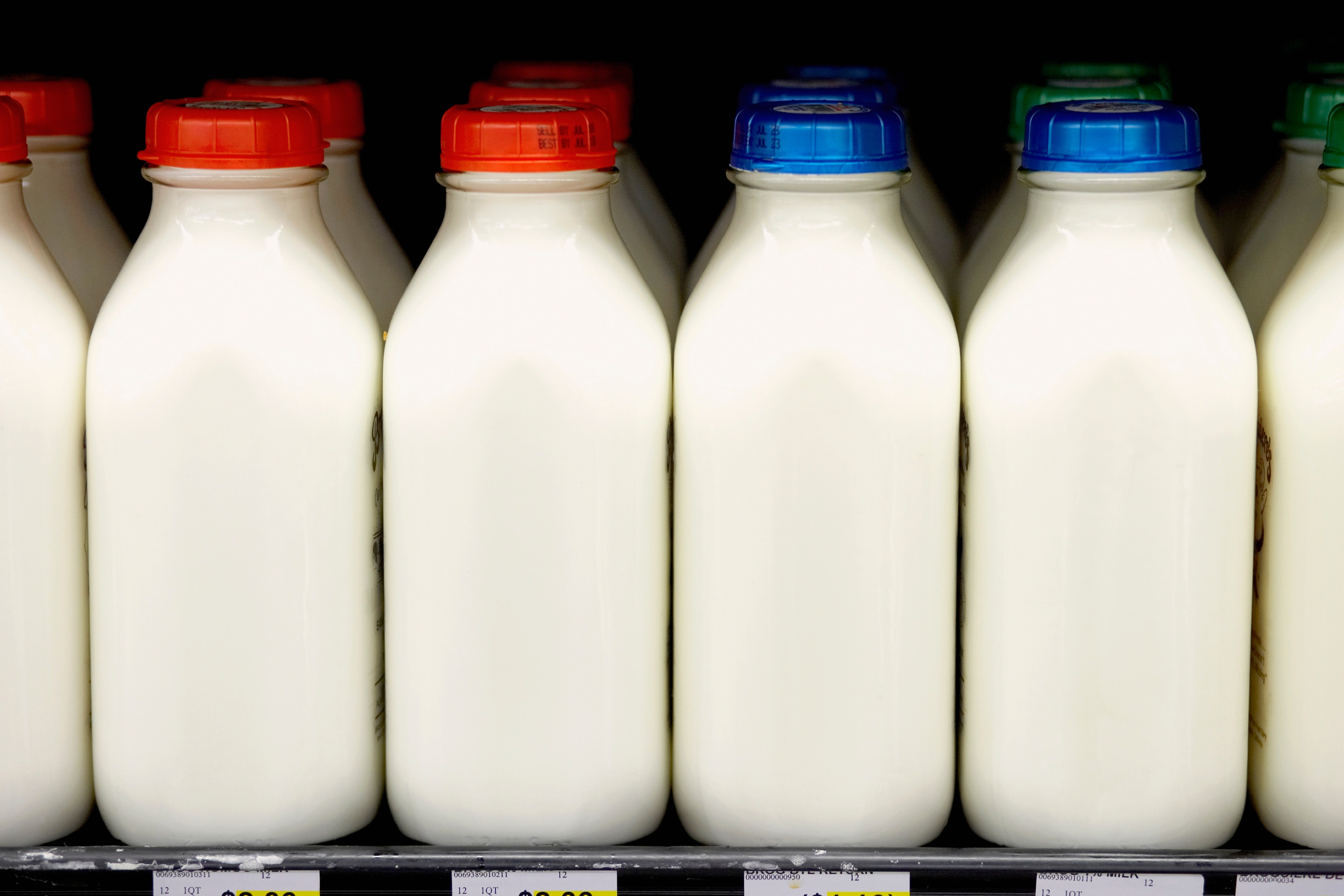 Colorful drinks and milk in glasses, representing food and beverage products that may contain food dyes.