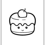 Cute food coloring page featuring a smiling cake with a cherry on top