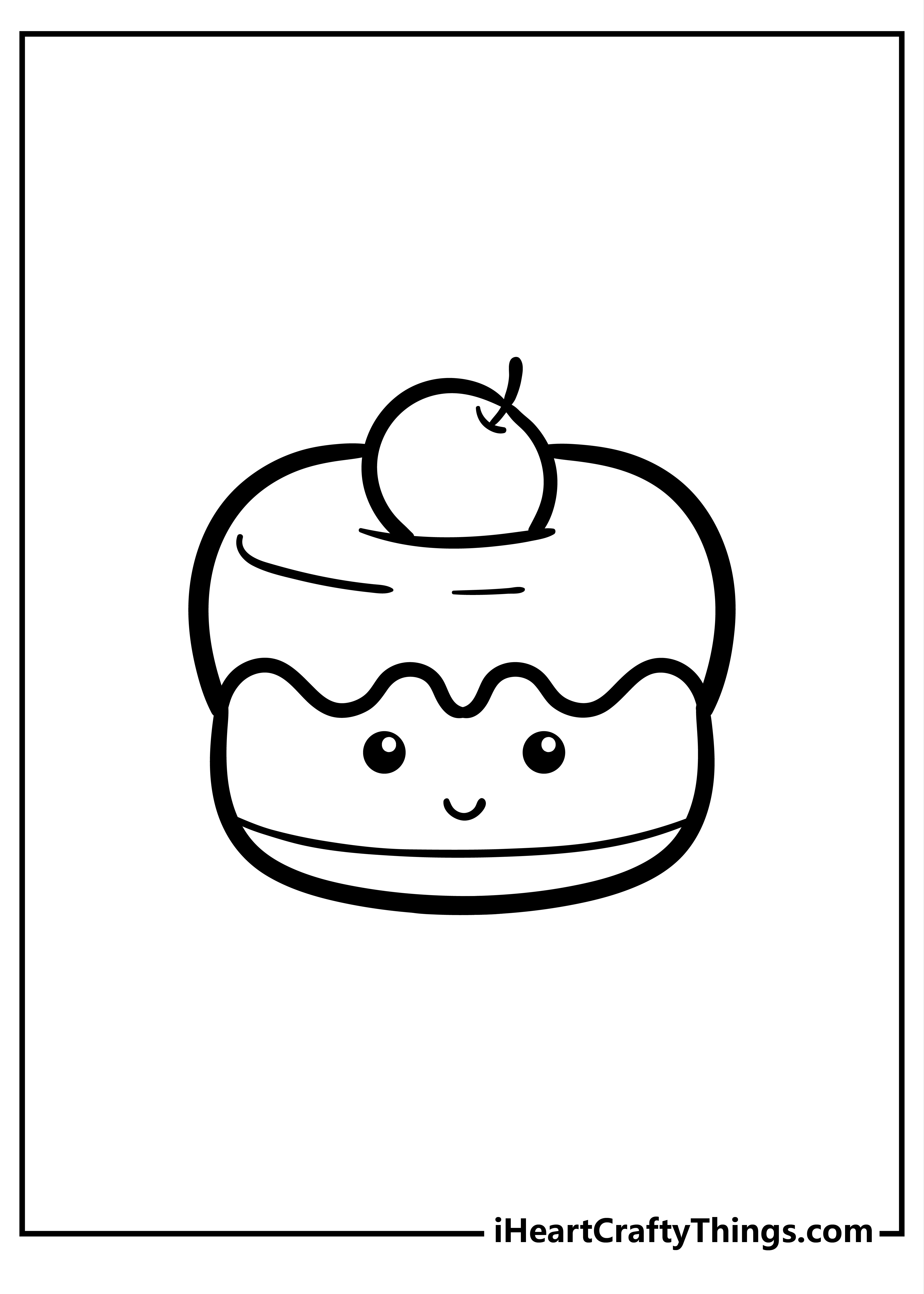 Cute food coloring page featuring a smiling cake with a cherry on top