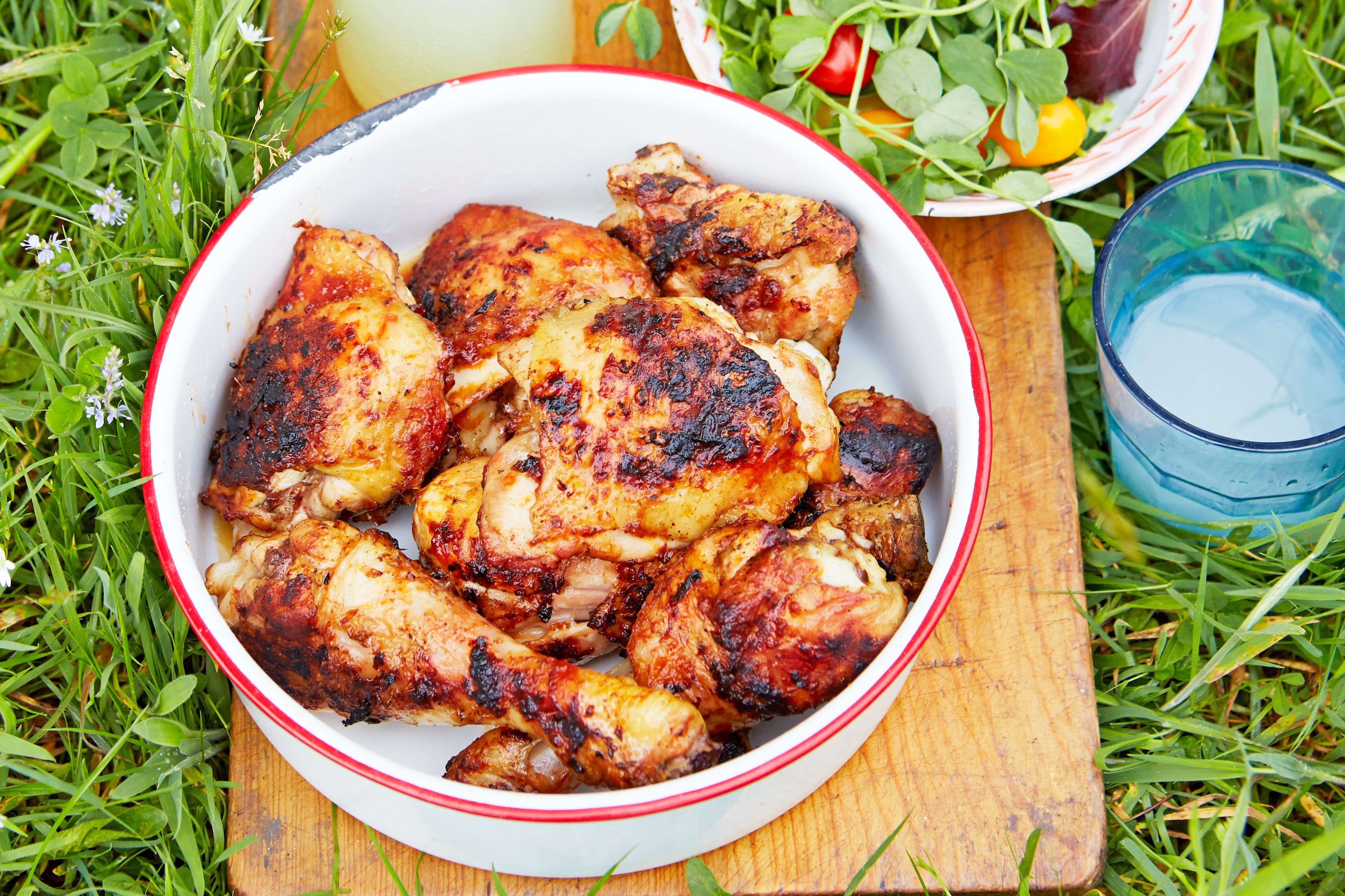 Delicious sticky barbecue chicken thighs and drumsticks, perfect for summer grilling