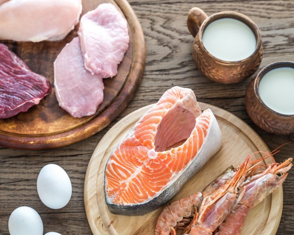 Diverse vitamin B12 rich food sources including fish, meat, eggs, and dairy products, essential for a balanced diet.