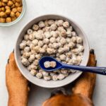 dog holding bowl of puppy chow on gray background