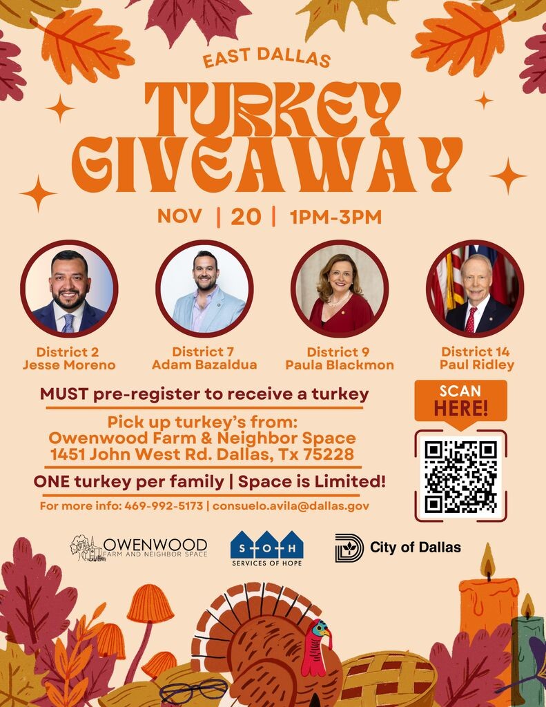 East Dallas Turkey Giveaway poster, promoting free turkey distribution for Thanksgiving 2024 in Dallas.