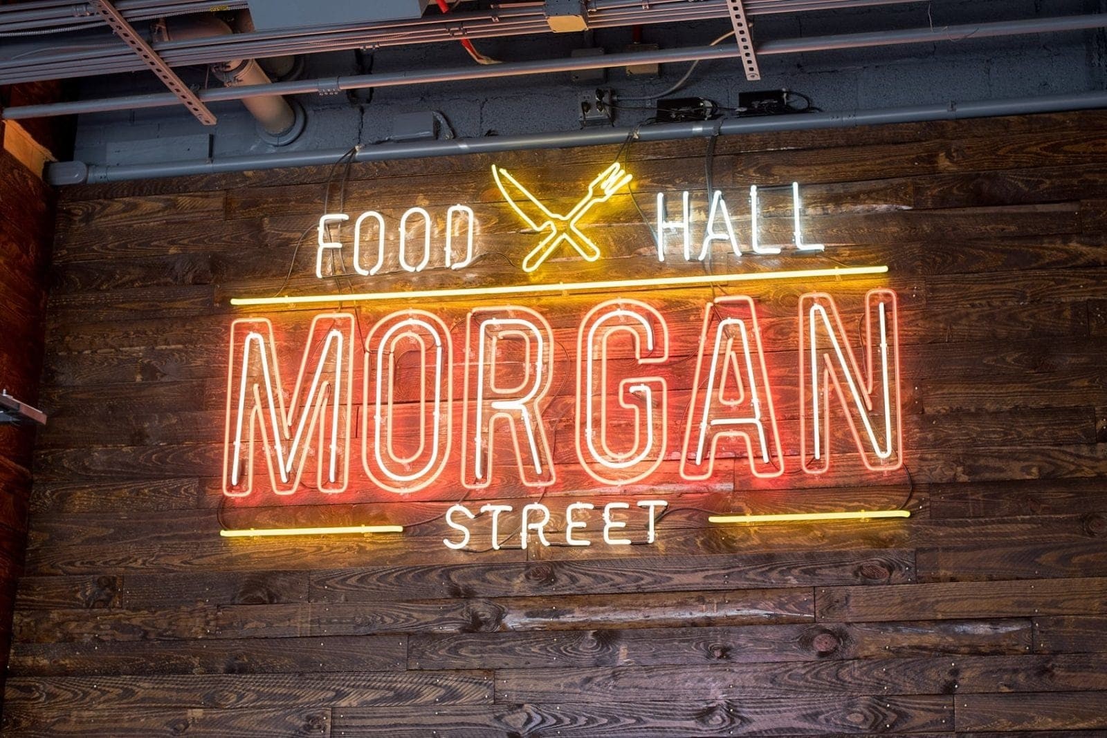 Exterior view of Morgan Street Food Hall in Raleigh, showcasing its urban location and entrance