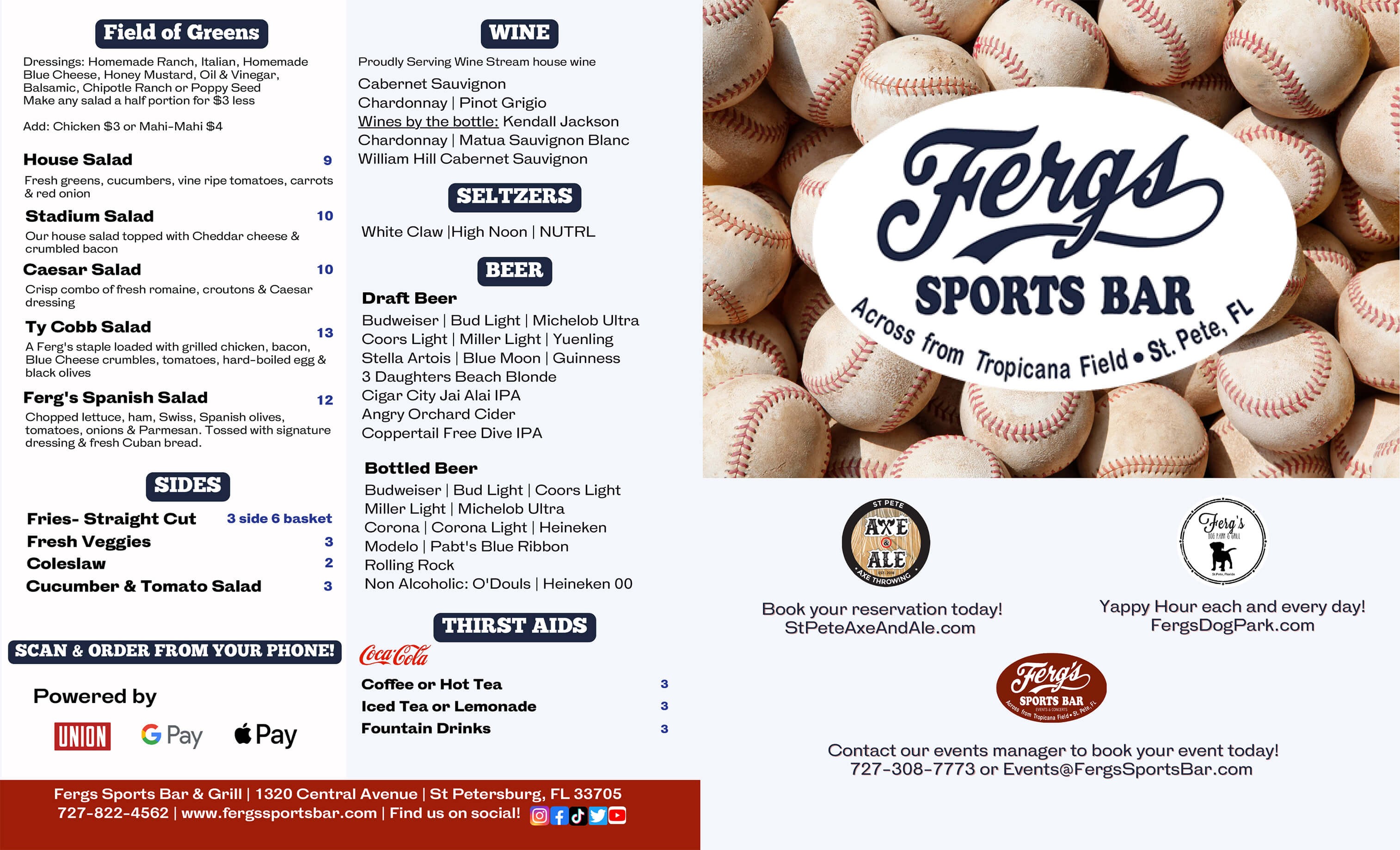 Ferg's Sports Bar & Grill menu cover showcasing burger and beer