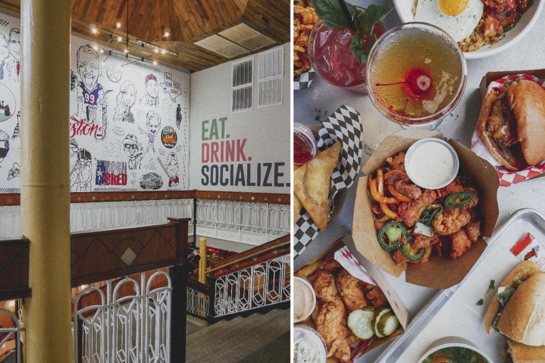 Grand staircase leading down to Underground Hall, a basement-style food hall in downtown Houston with communal seating and counter-service restaurants.