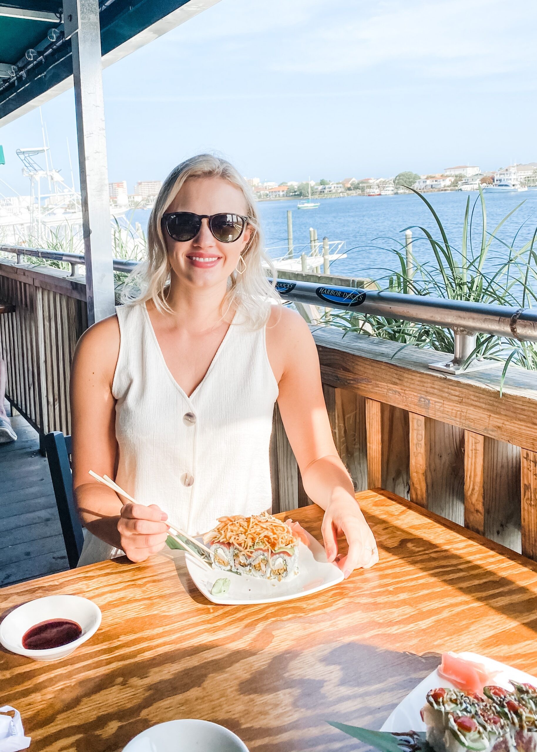 Harbor Docks sushi in Destin, featuring a Backdown roll with tuna and avocado