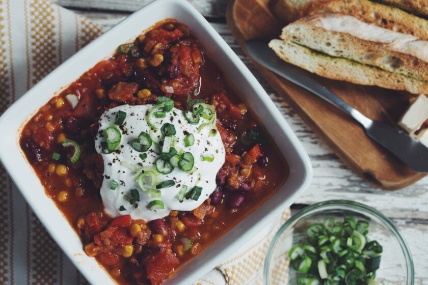 hearty vegan chili food loaded with beans and vegetables