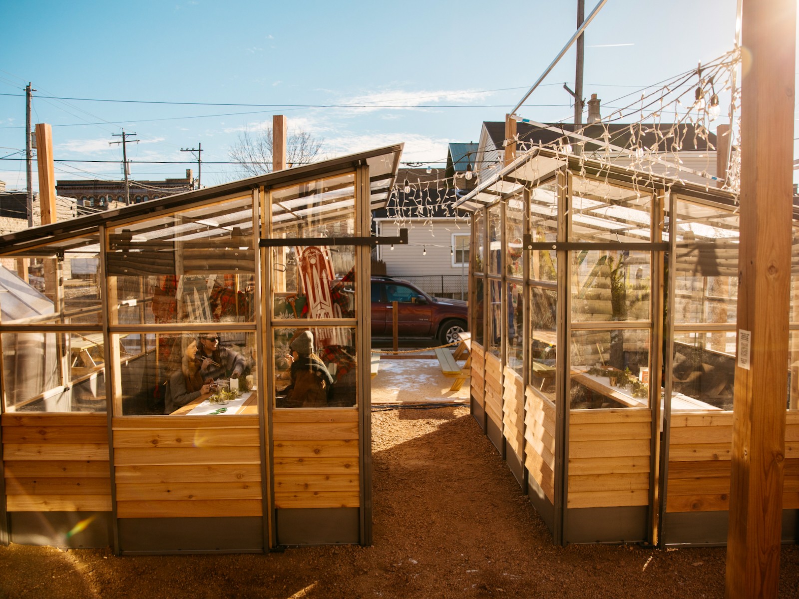 Heated huts at Zocalo Food Park providing cozy winter dining