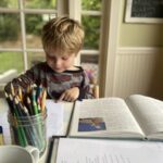 Homeschooling mom with child at table