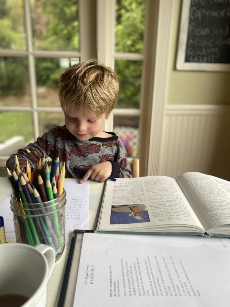 Homeschooling mom with child at table