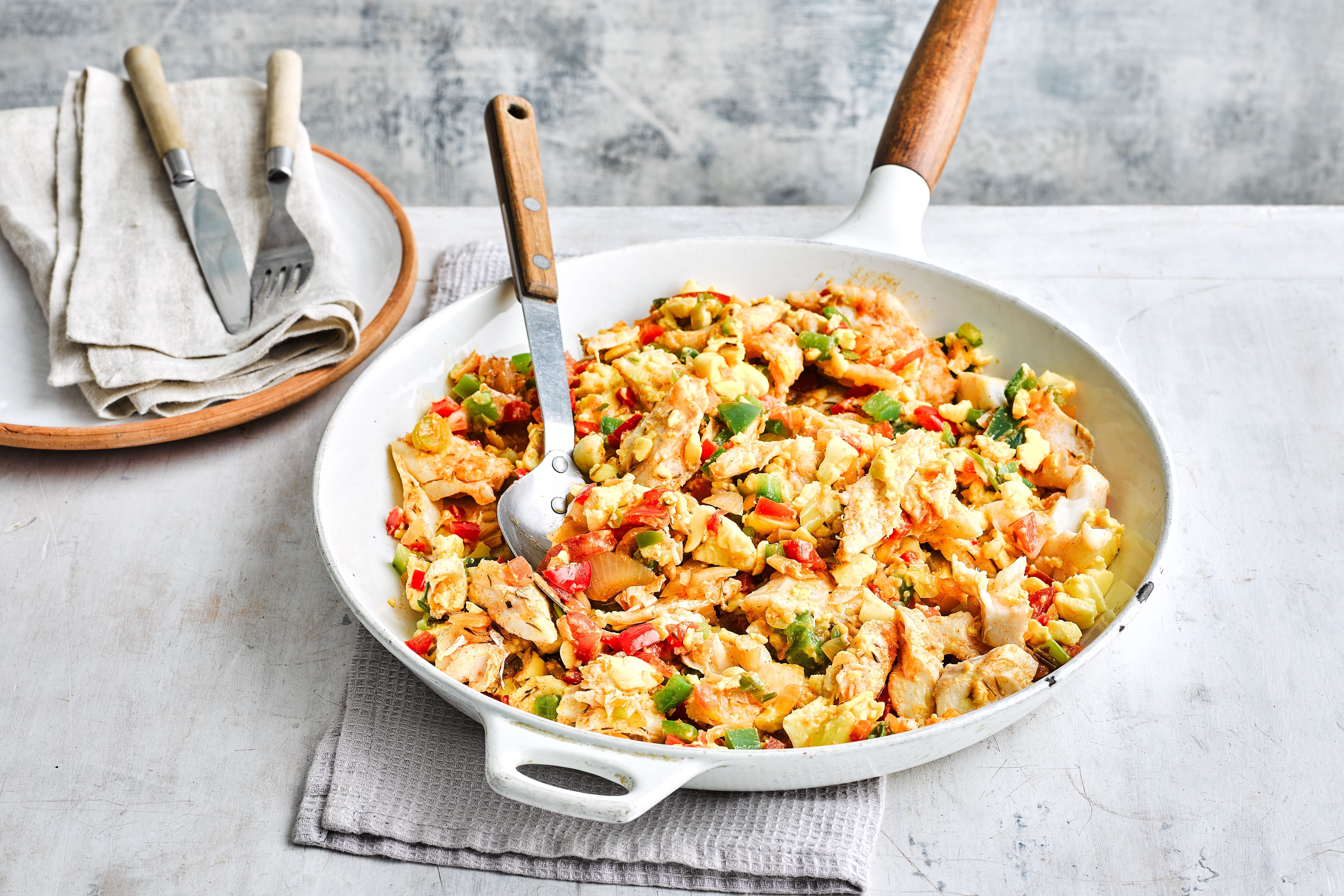 Large pan of ackee and saltfish